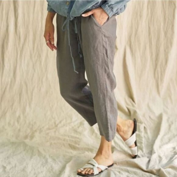 Manufacture De Lin 100% Linen Pants Pullon Cropped Minimalist Quiet Luxury - Picture 3 of 9
